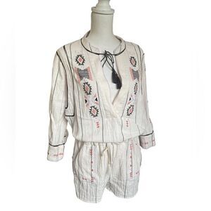 Free People Baja Boho Aztec Embroidered Crean V Neck Romper Size S/P